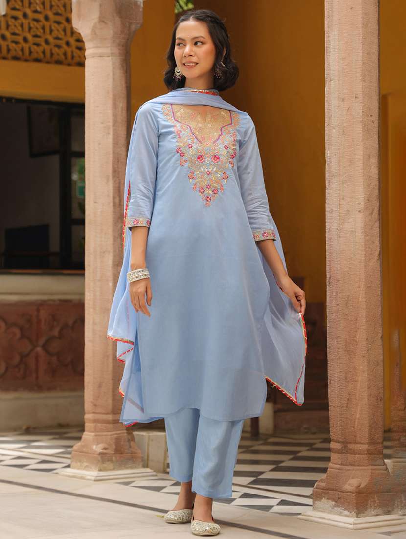 women three quarter sleeve kurta pant with dupatta set