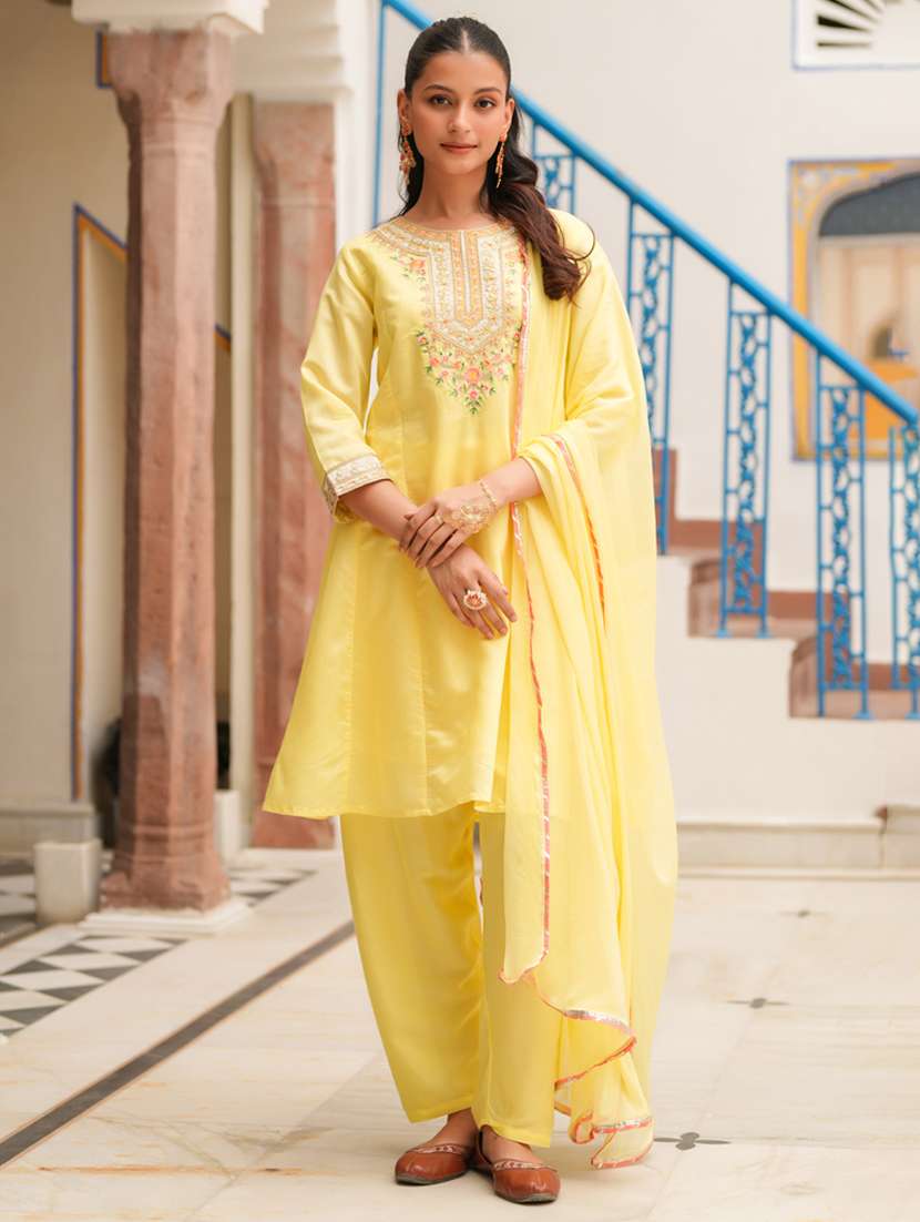 women three quarter sleeve anarkali kurta pant with dupatta set