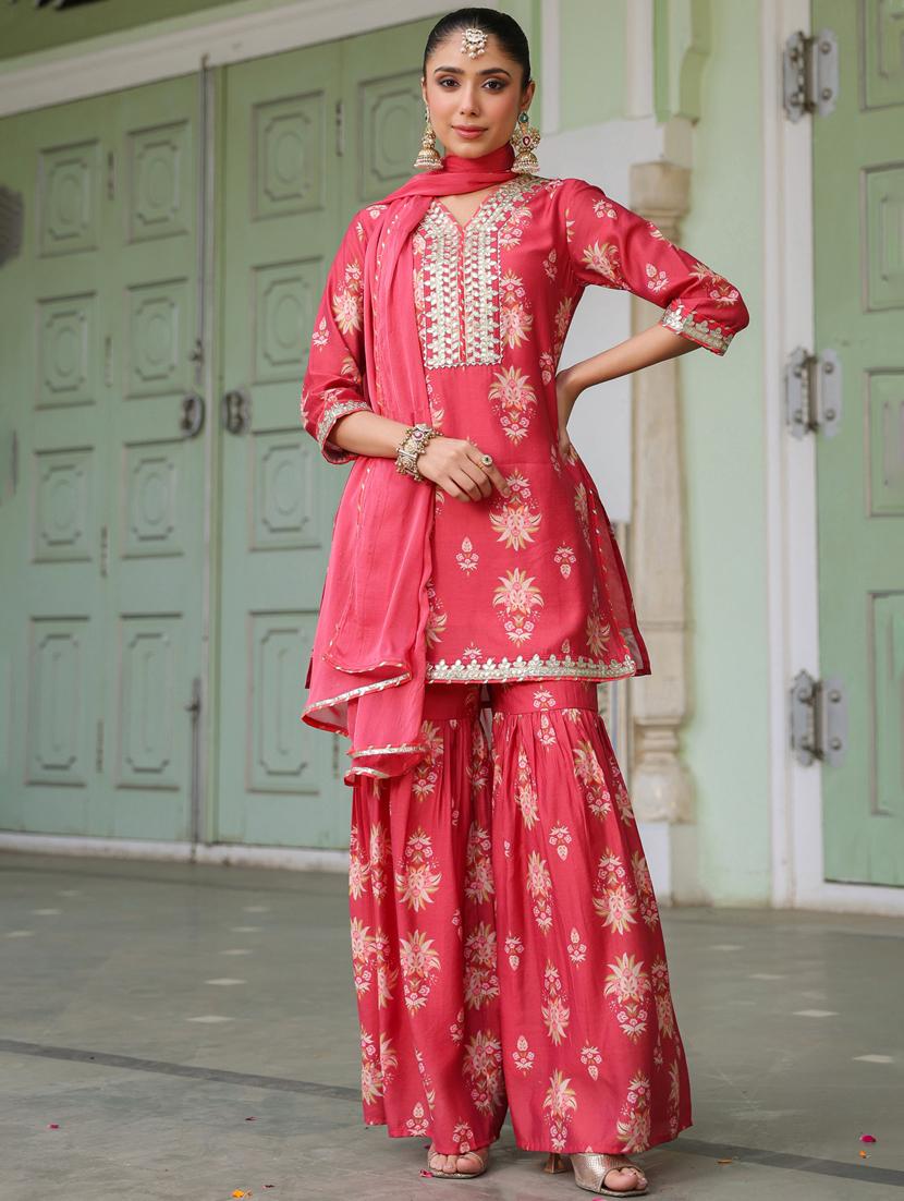 women three quarter sleeve kurta sharara with dupatta set - 21925644 - Standard Image - 1