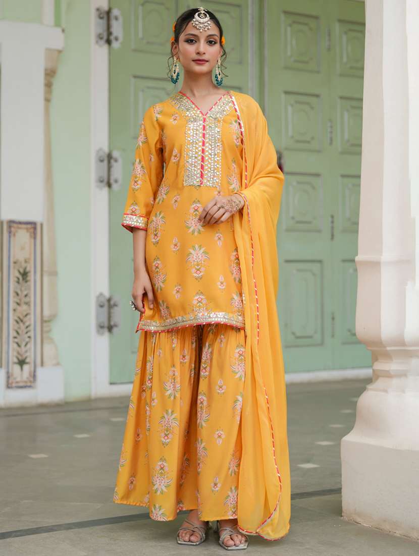 women three quarter sleeve kurta sharara with dupatta set