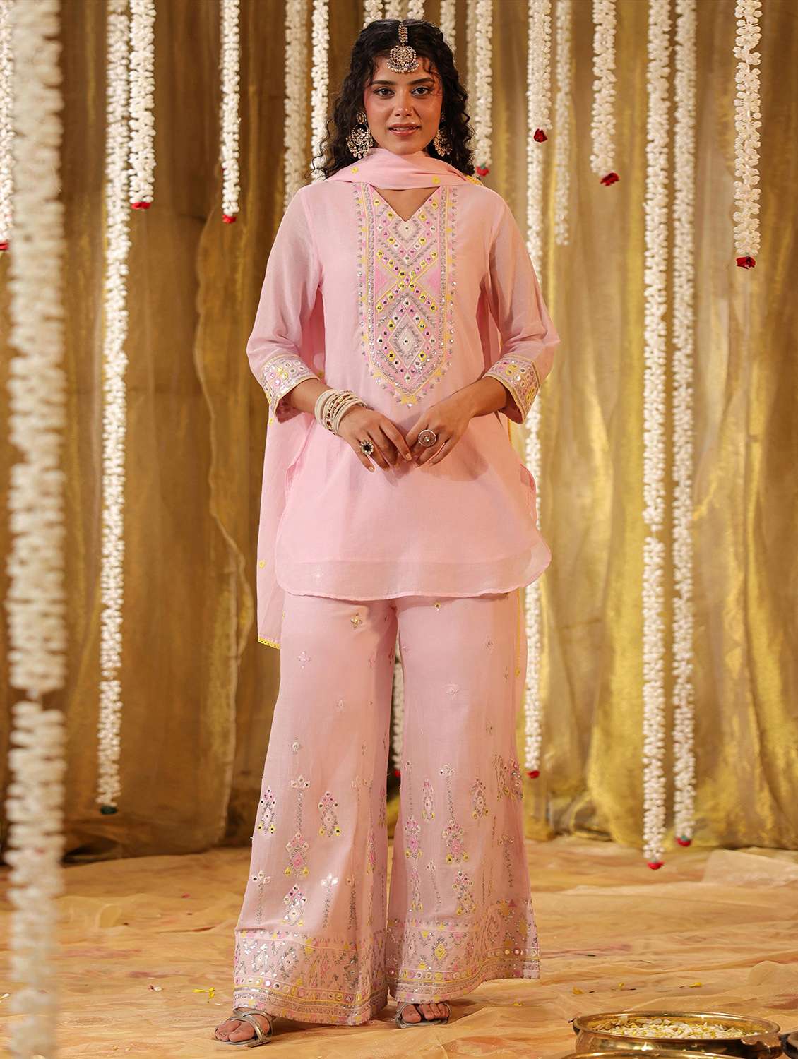 women three quarter sleeve kurta palazzo with dupatta set