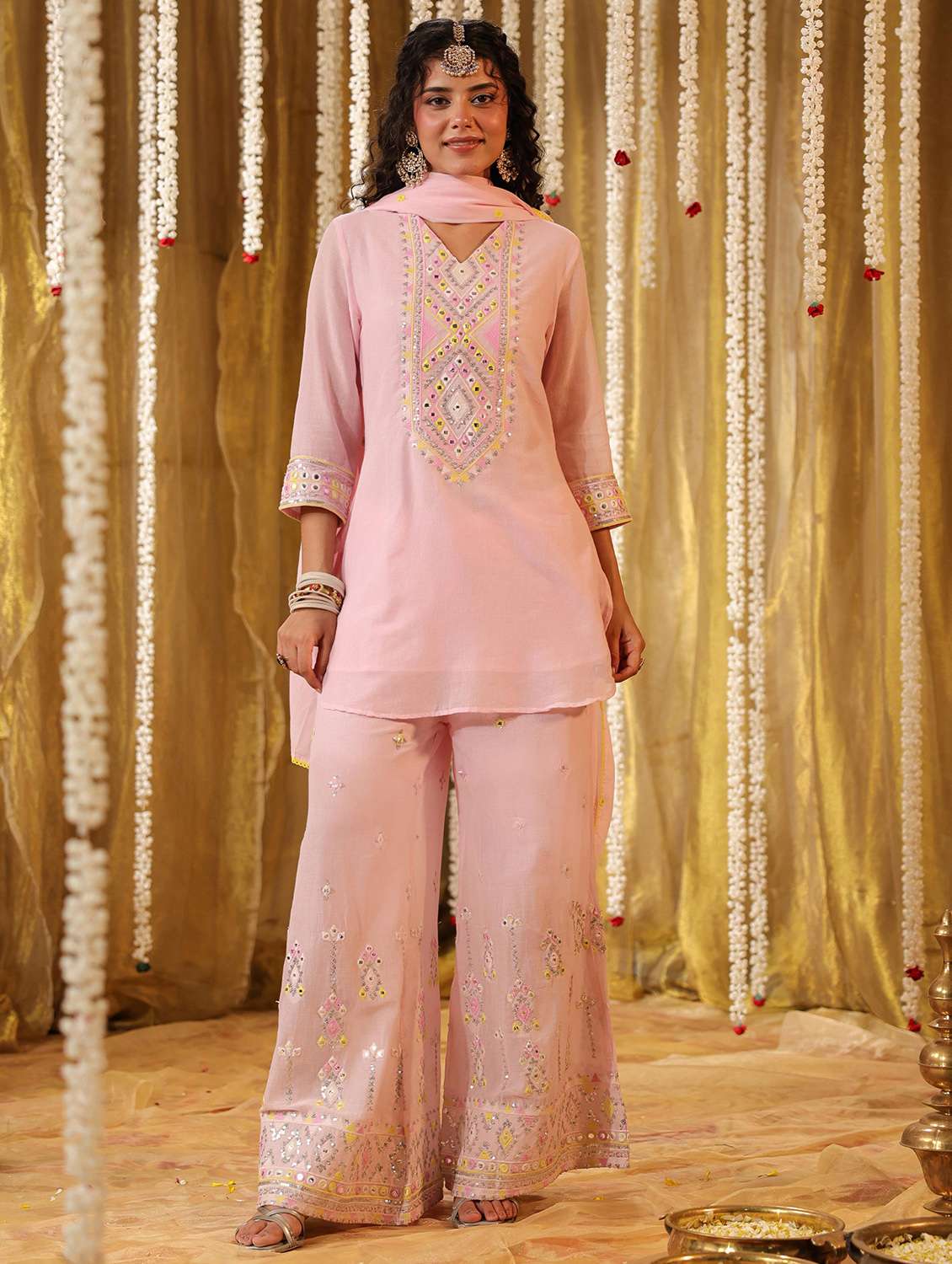 women three quarter sleeve kurta palazzo with dupatta set - 21925676 -  Standard Image - 1