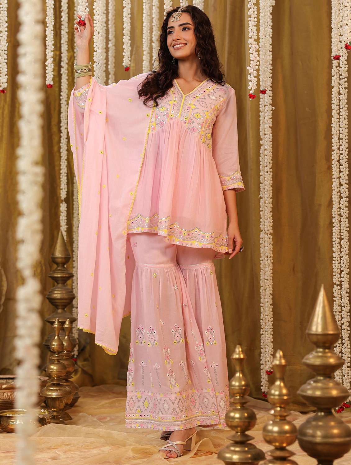 women three quarter sleeve kurta sharara with dupatta set - 21925677 -  Standard Image - 1