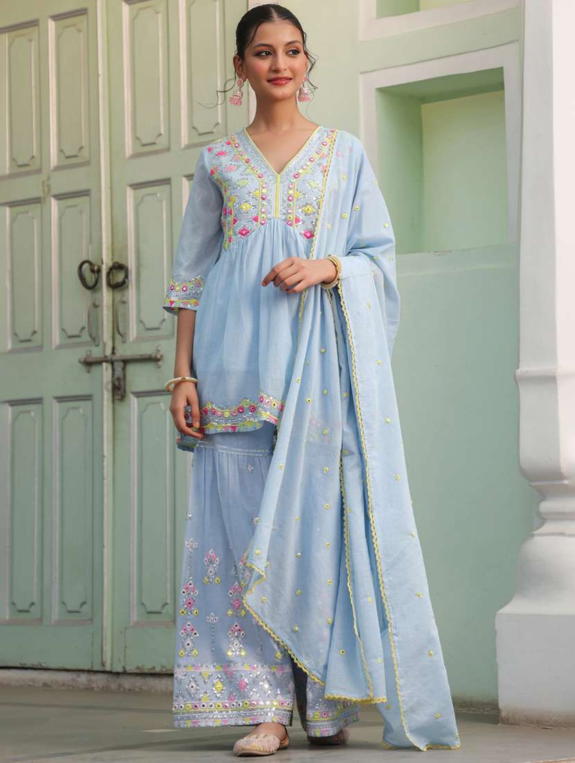 women three quarter sleeve kurta sharara with dupatta set - 21925678 -  Standard Image - 1