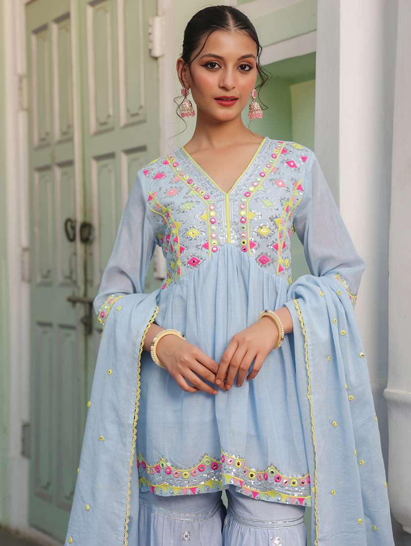 women three quarter sleeve kurta sharara with dupatta set - 21925678 -  Standard Image - 6