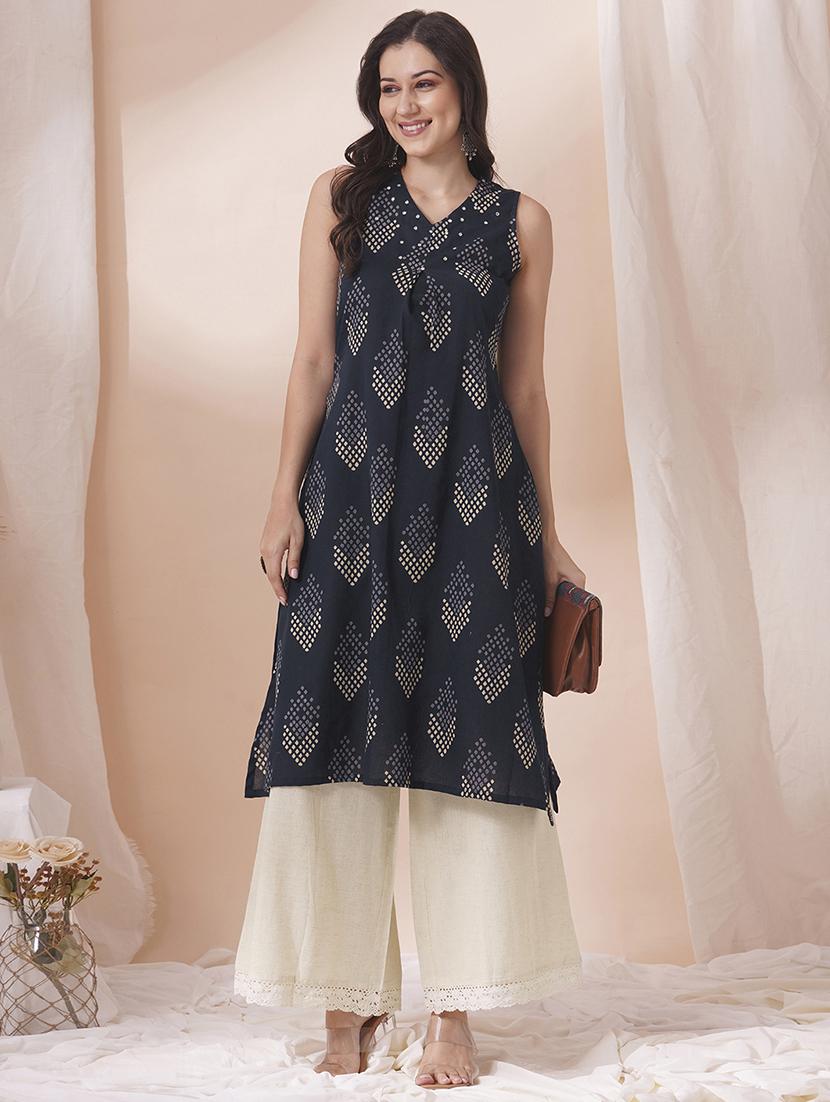 women navy blue printed sleeveless a-line kurta - 21925775 - Zoom Image - 0