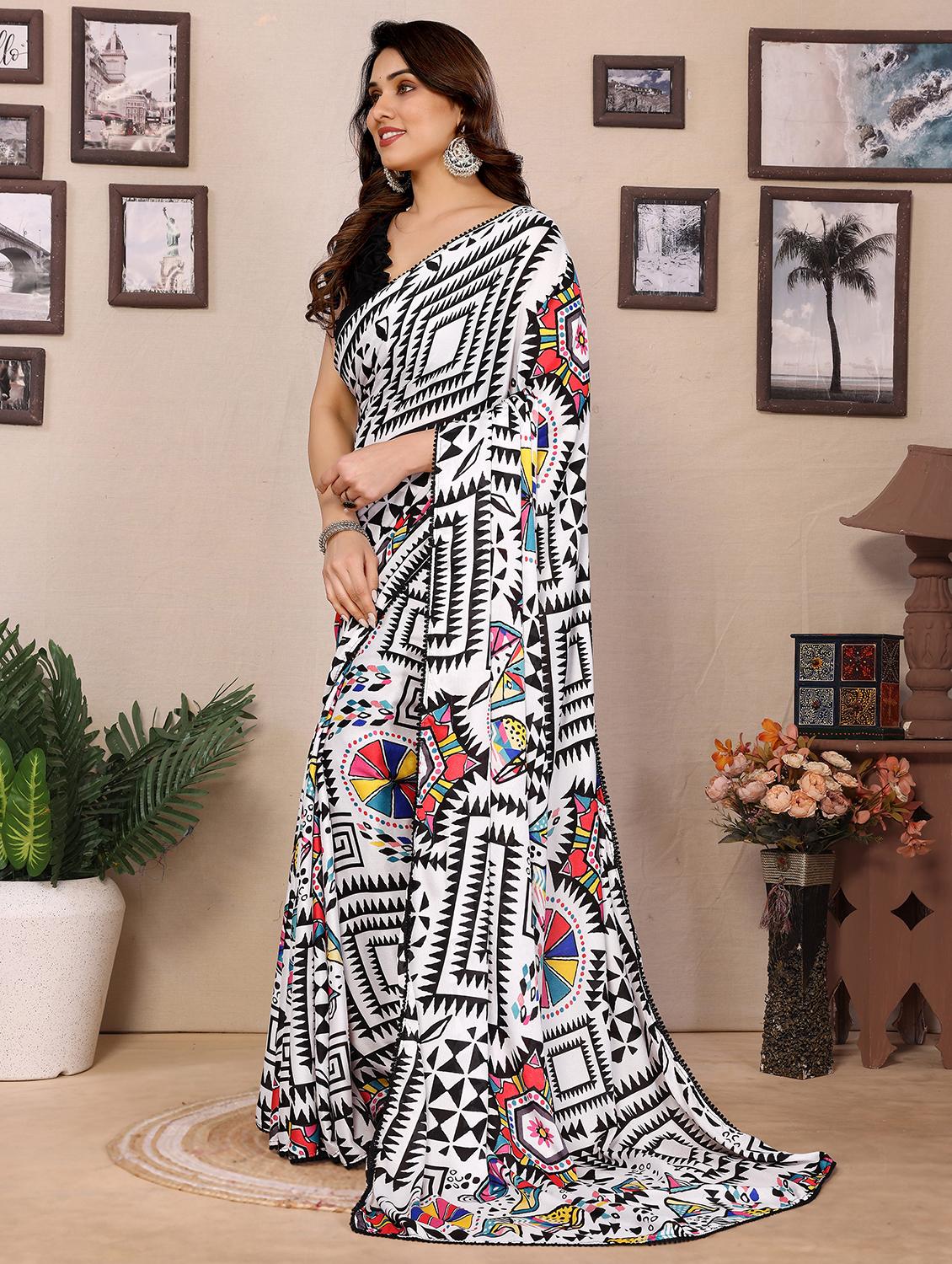 women black printed saree with blouse - 21925868 -  Standard Image - 1