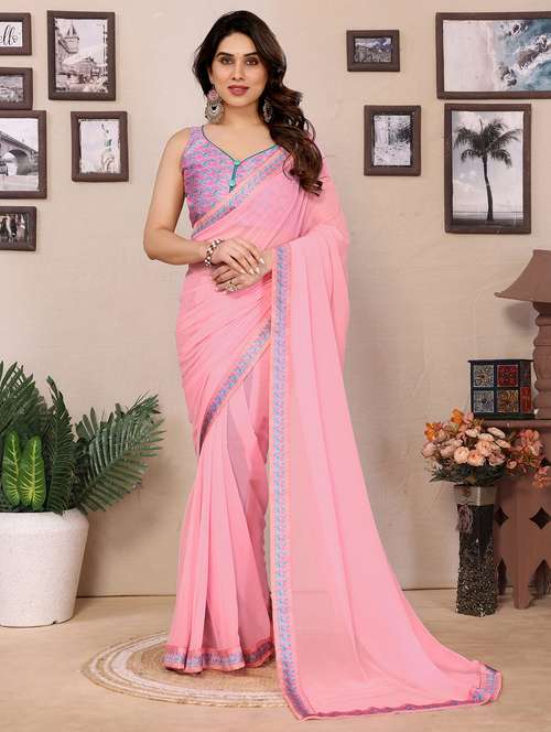 women solid with bordered saree with blouse - 21925872 -  Standard Image - 0