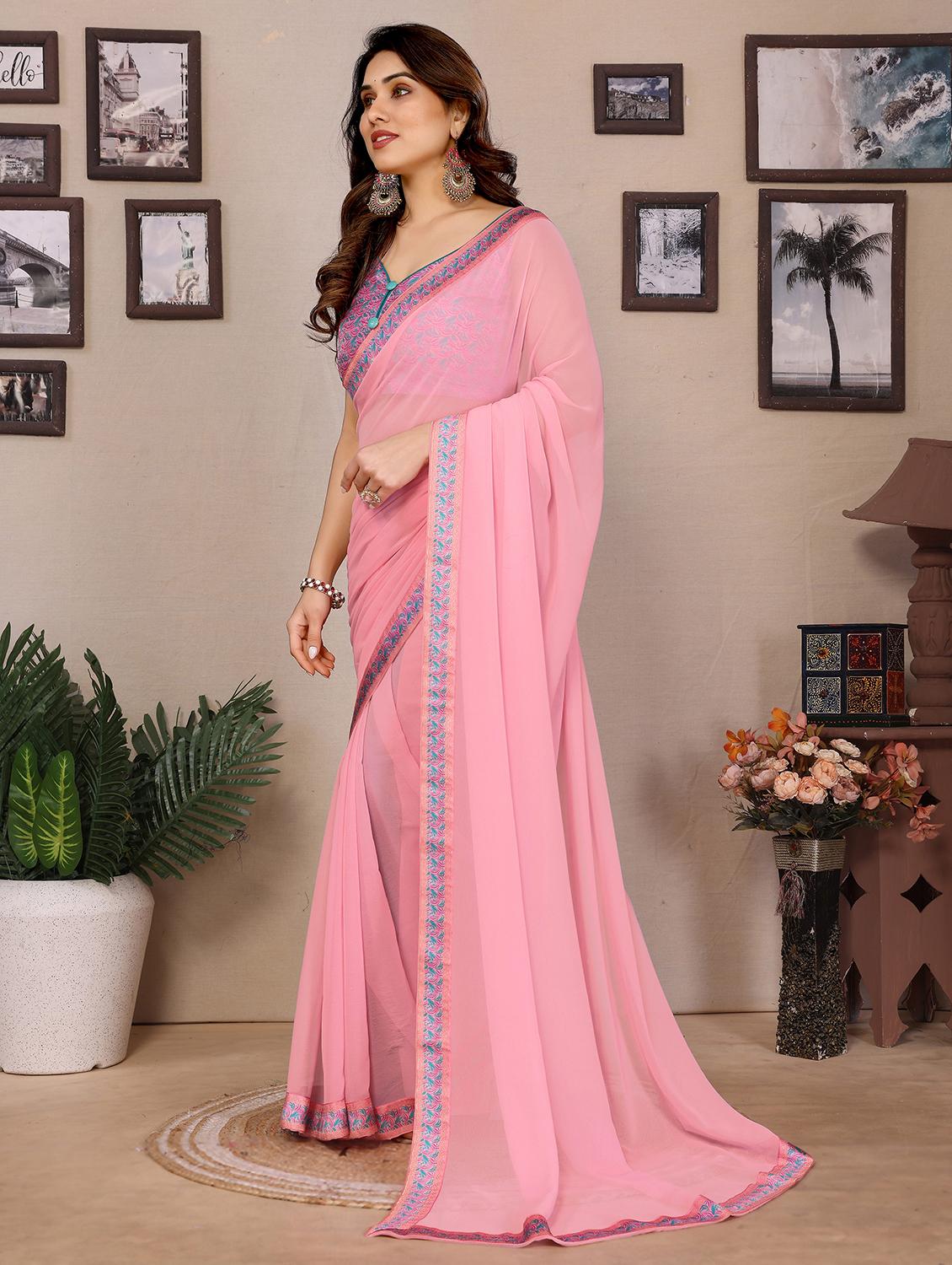 women solid with bordered saree with blouse - 21925872 - Standard Image - 1