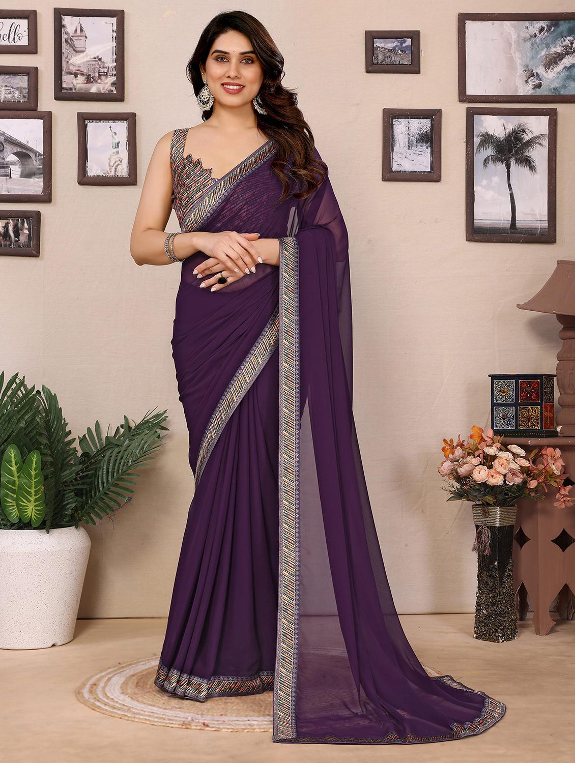 women solid with bordered saree with blouse - 21925875 - Zoom Image - 0