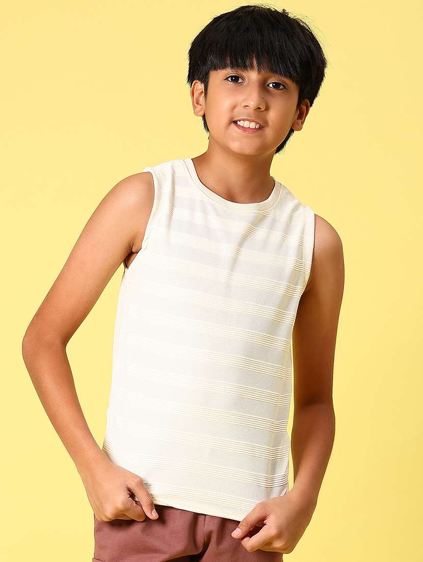 boys cream striped cotton sleeveless casual t-shirt - 21925990 -  Standard Image - 1