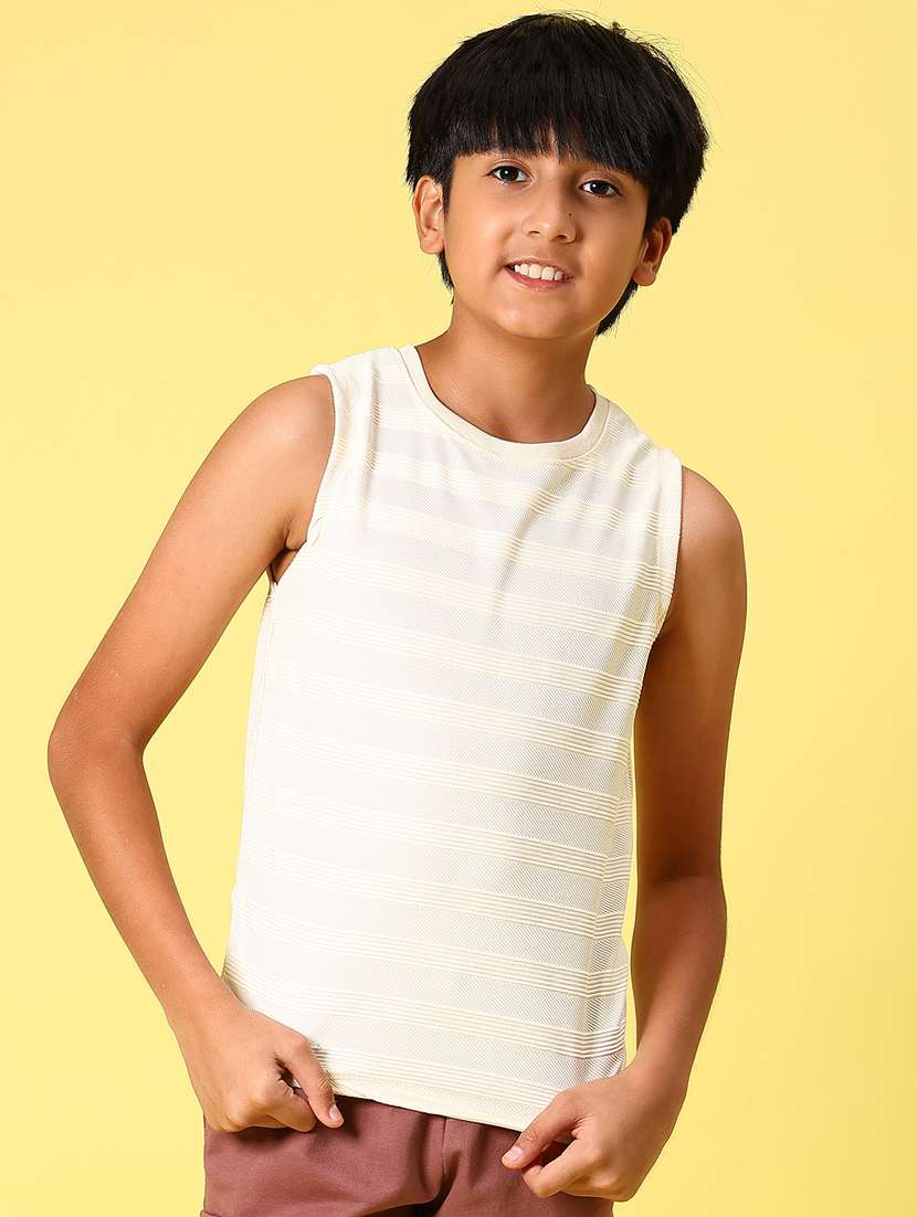 boys cream striped cotton sleeveless casual t-shirt - 21925990 -  Standard Image - 1