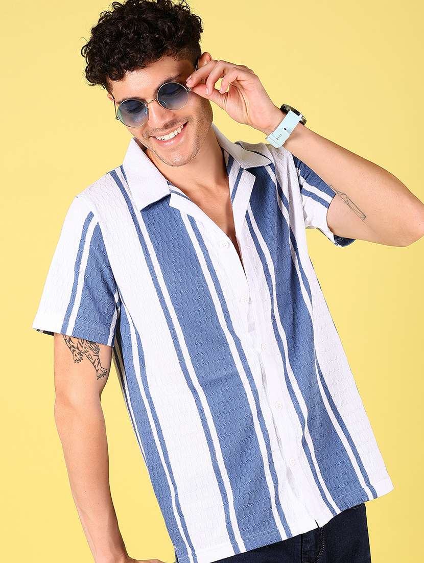 men striped cuban collared short sleeve casual shirt