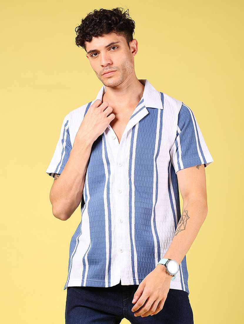 men striped cuban collared short sleeve casual shirt - 21925997 -  Standard Image - 1