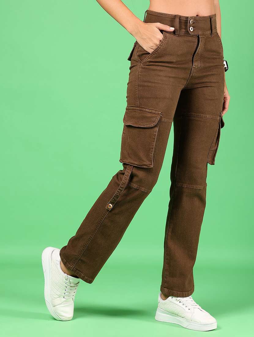women brown solid high rise cargo - 21926029 -  Standard Image - 1