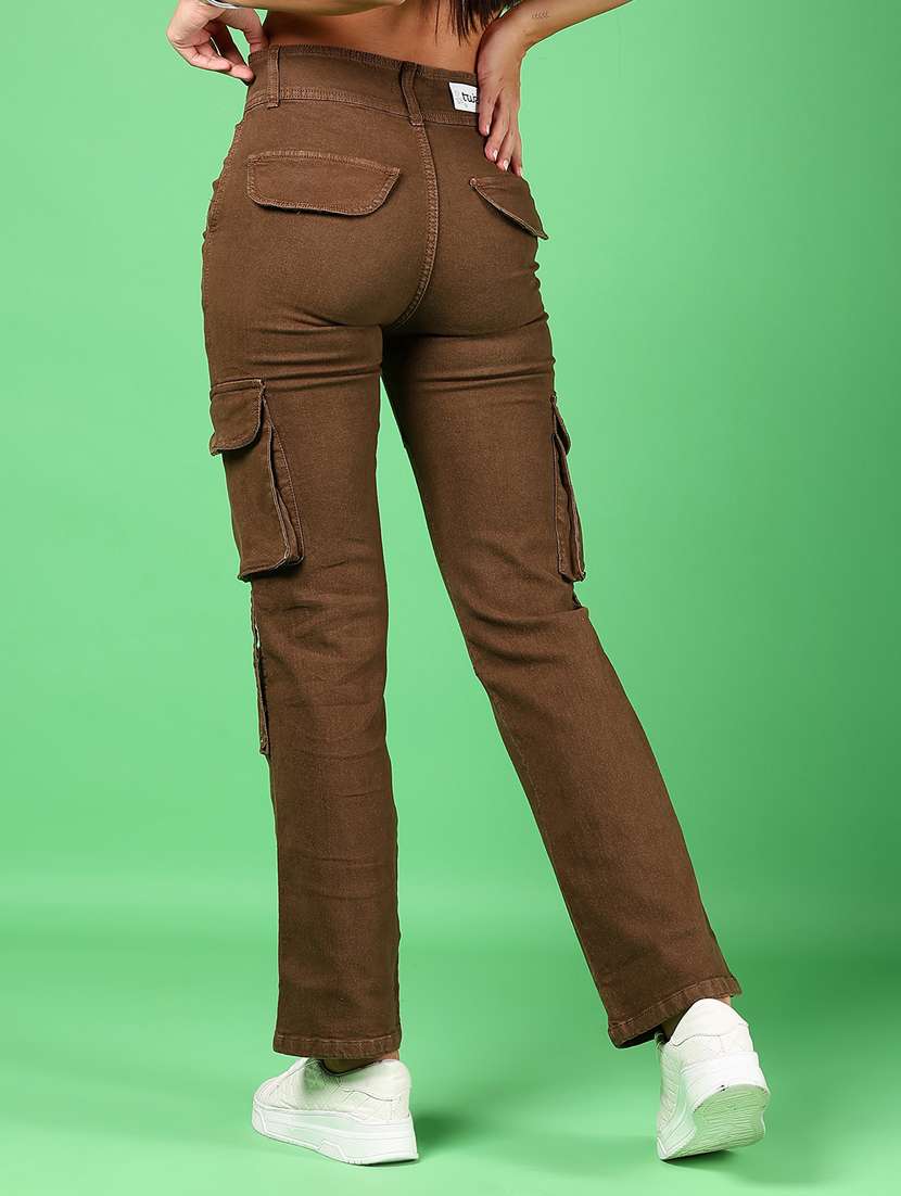 women brown solid high rise cargo - 21926029 -  Standard Image - 4