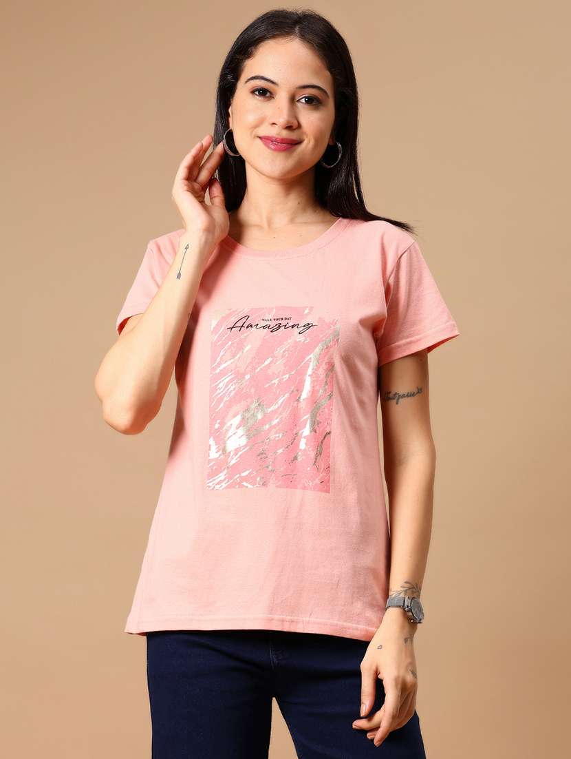 women front print round neck t-shirt - 21926043 -  Standard Image - 1