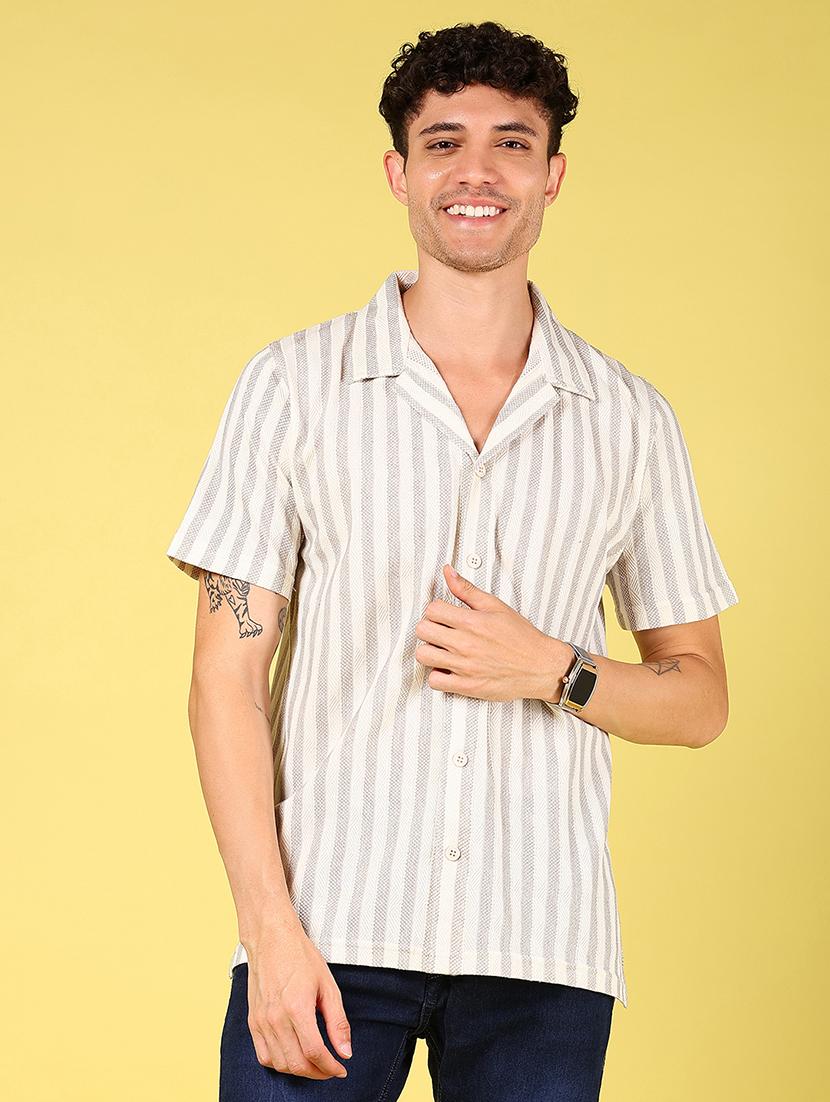 men striped cuban collaed short sleeve casual shirt - 21926046 - Standard Image - 1