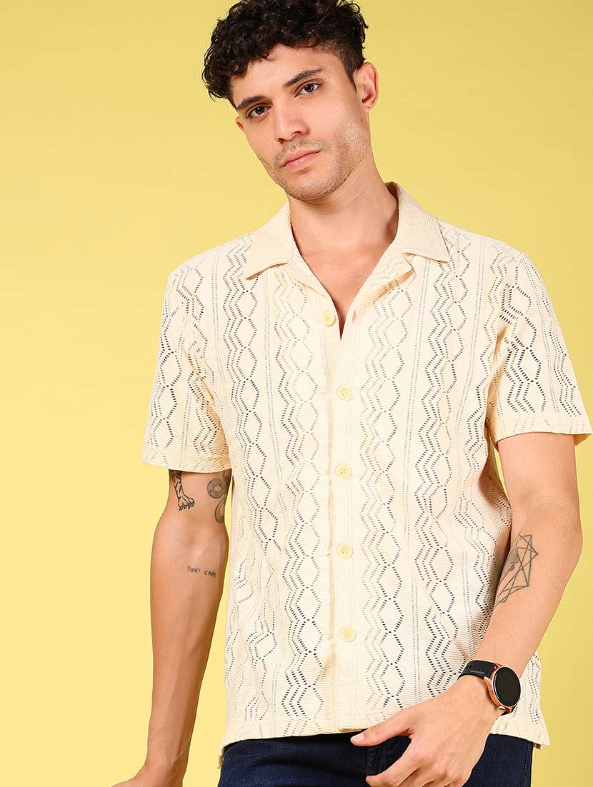 men self design short sleeve regular fit casual shirt