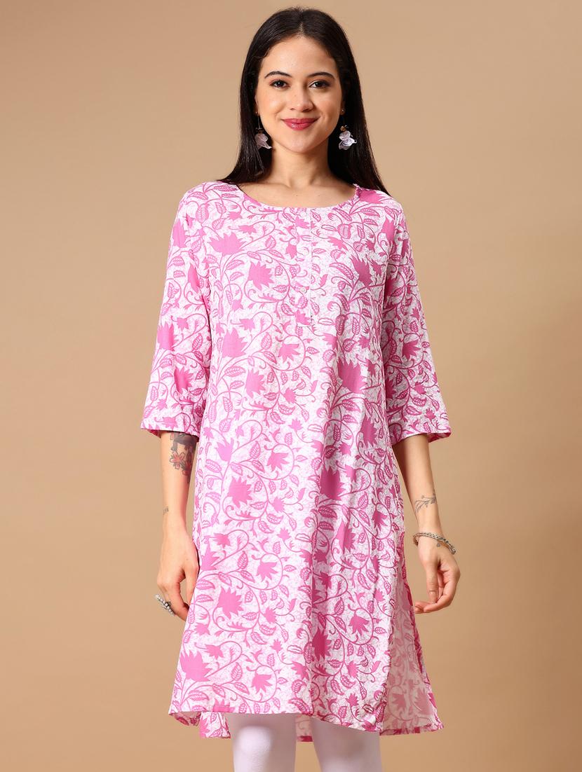 womne pink printed round neck straight kurta - 21926071 - Standard Image - 1