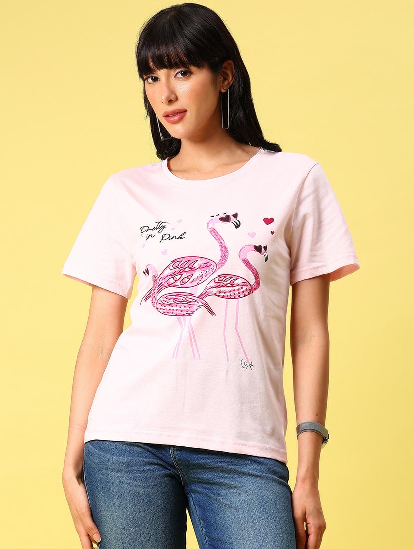 women front print round neck t-shirt - 21926133 - Standard Image - 1