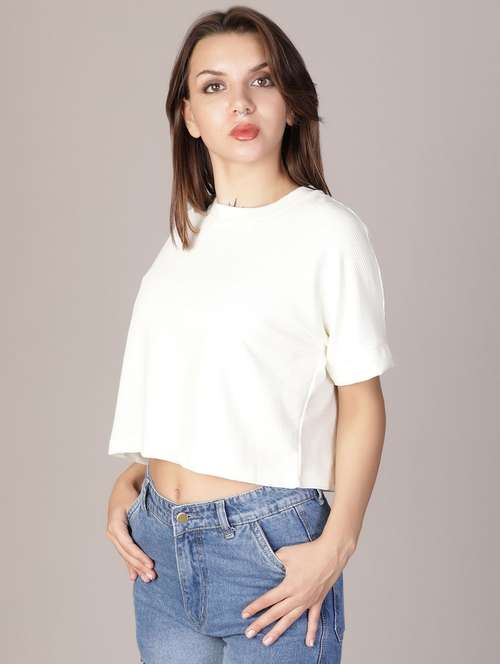 women white solid short sleeve crop top - 21926140 -  Standard Image - 0