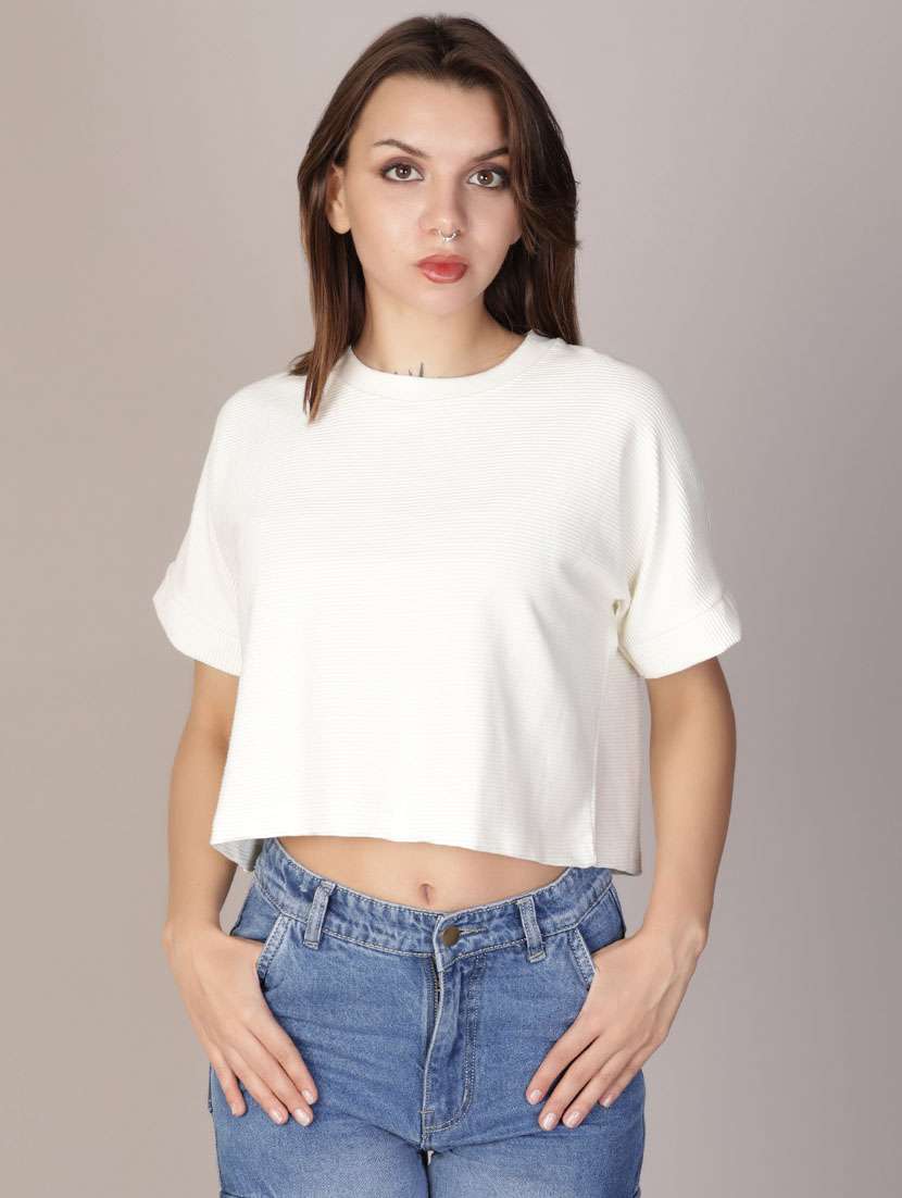 women white solid short sleeve crop top - 21926140 -  Standard Image - 1