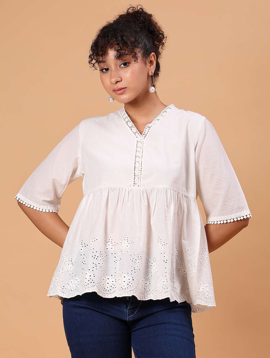 women ehite solid schiffli peplum top - 21926160 -  Standard Image - 1