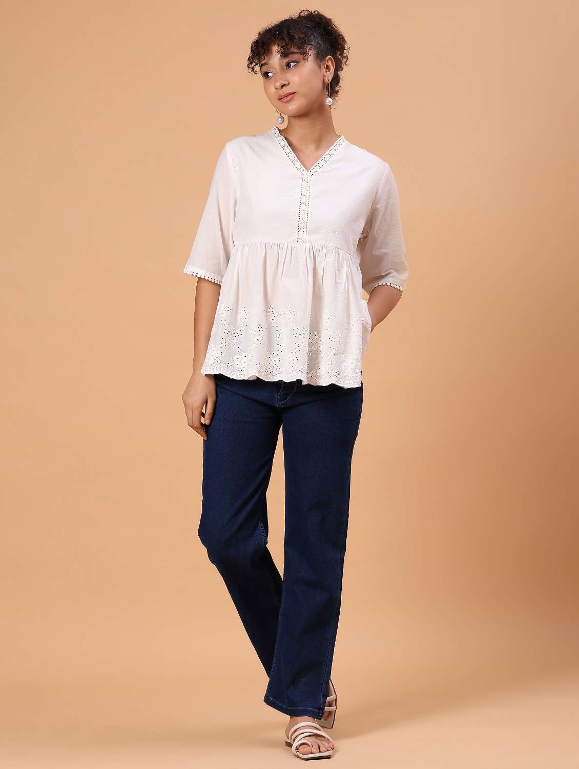 women ehite solid schiffli peplum top - 21926160 -  Standard Image - 6