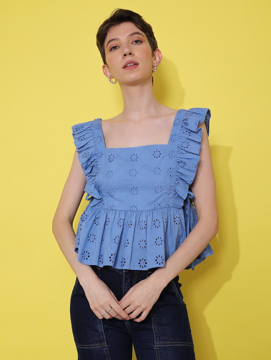 women blue solid sleevelelss schiffli peplum top - 21926161 - Standard Image - 1