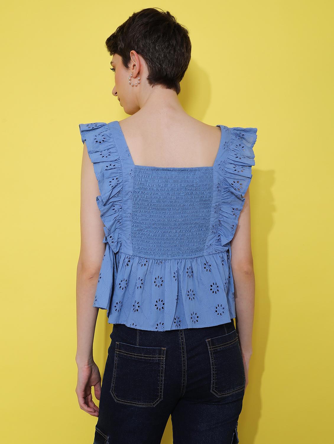 women blue solid sleevelelss schiffli peplum top - 21926161 - Standard Image - 4
