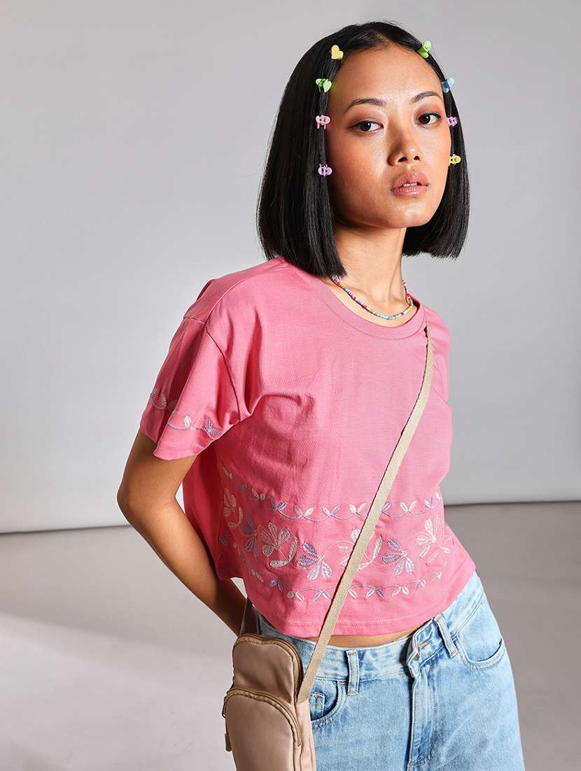 women pink embroidered short sleeve regular top - 21926162 -  Standard Image - 1