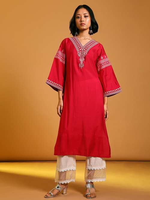 women embroidered bell sleeve straight kurta  - 21926174 -  Standard Image - 0