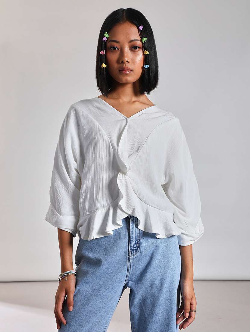 women solid batwing sleeve ruffle top - 21926211 - Standard Image - 1