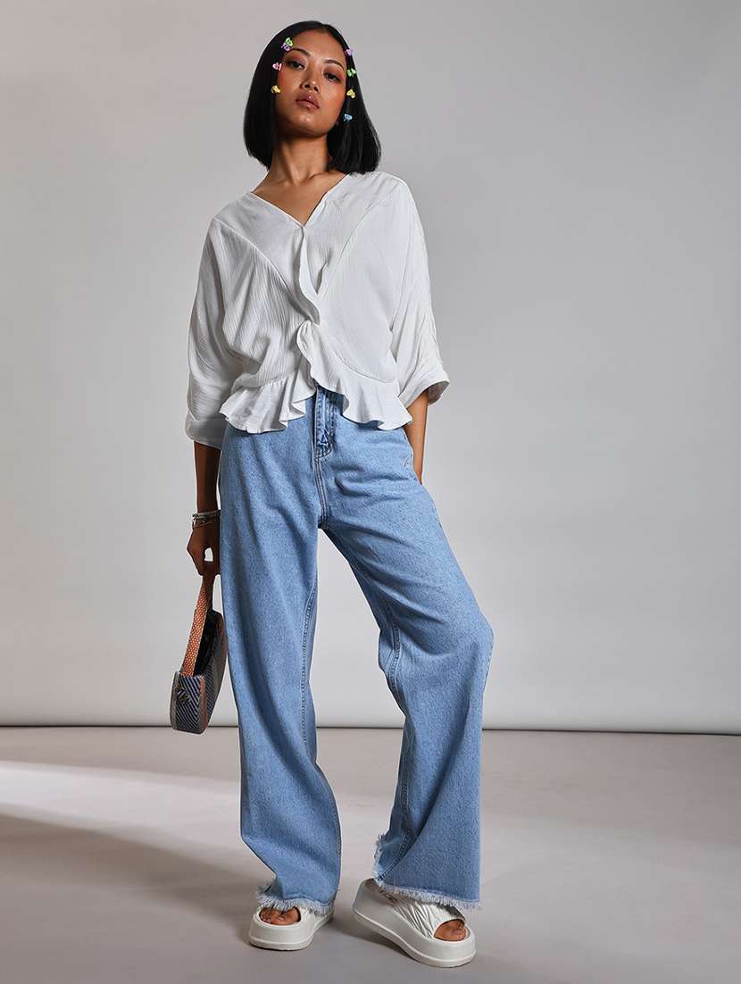 women solid batwing sleeve ruffle top - 21926211 - Standard Image - 4