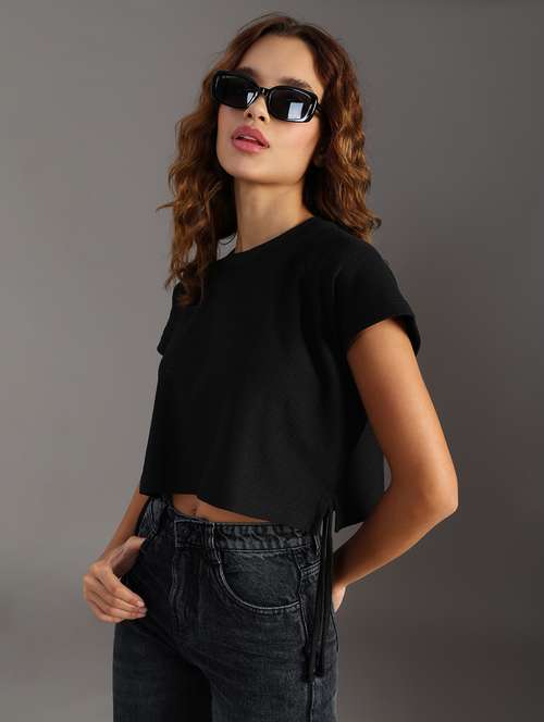 women solid short sleeve crop top - 21926212 - Standard Image - 0