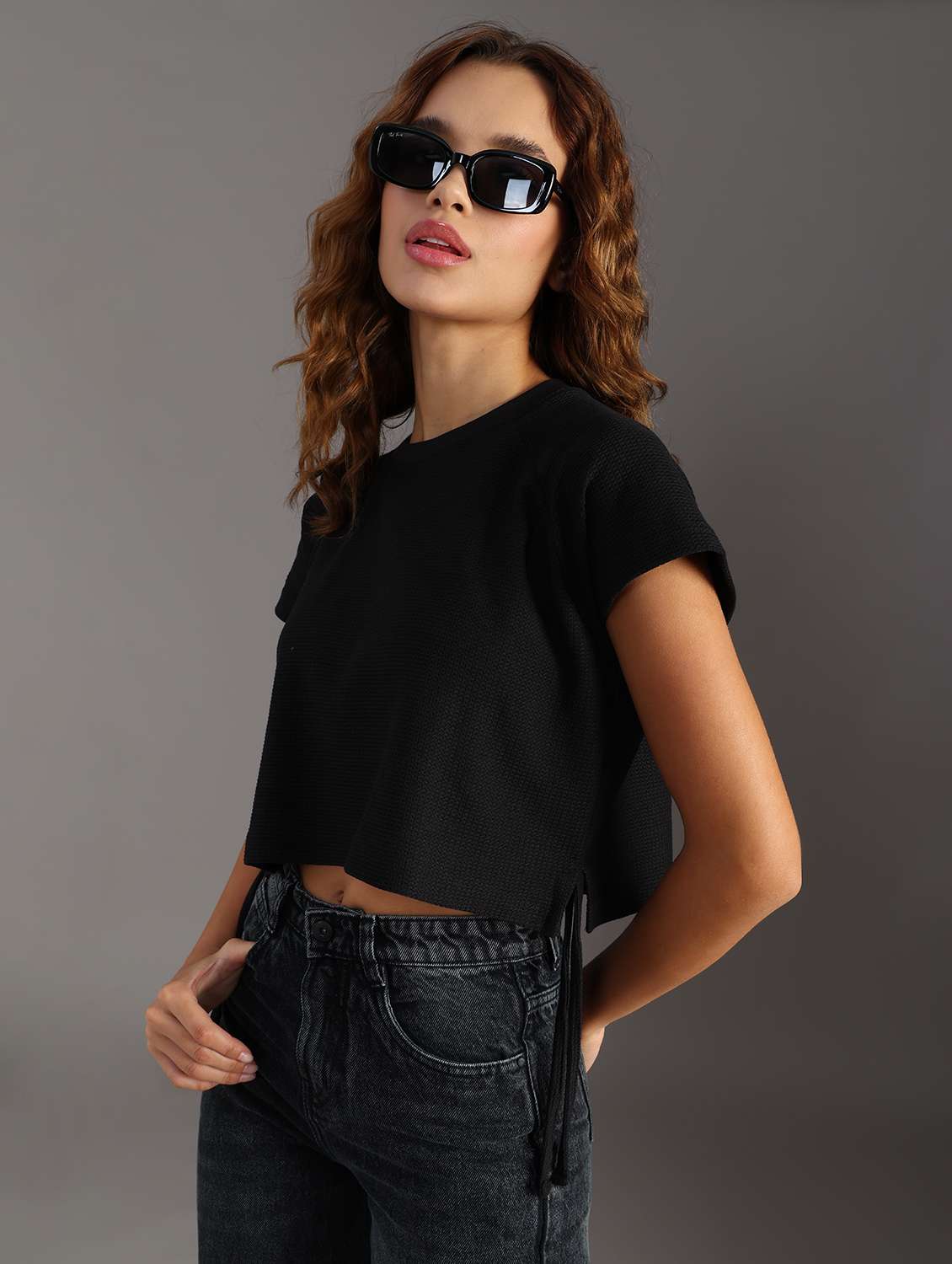 women solid short sleeve crop top - 21926212 - Zoom Image - 0