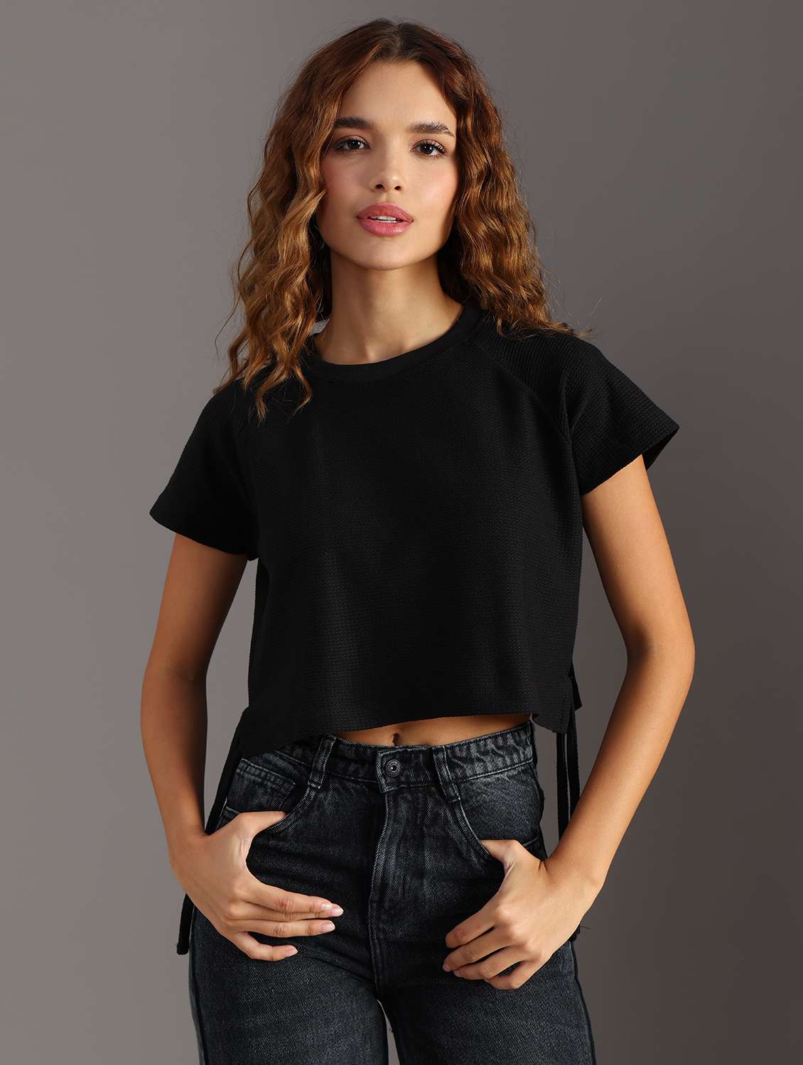 women solid short sleeve crop top - 21926212 - Standard Image - 1