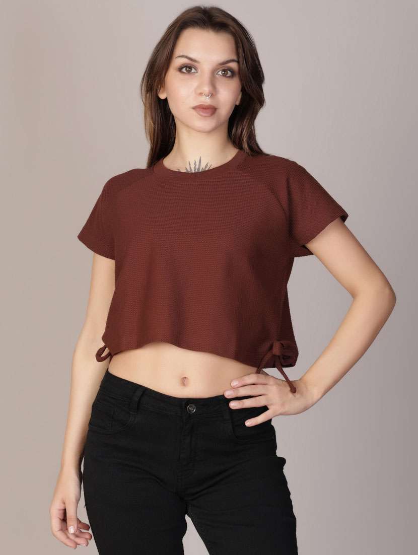 women solid short sleeve crop top - 21926213 - Standard Image - 1