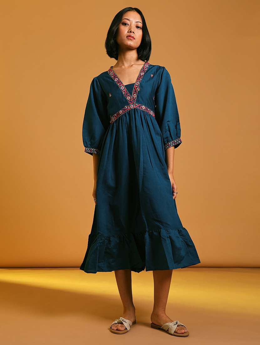 women embroidered puff sleeve tiered ethnic dress - 21926217 -  Standard Image - 1