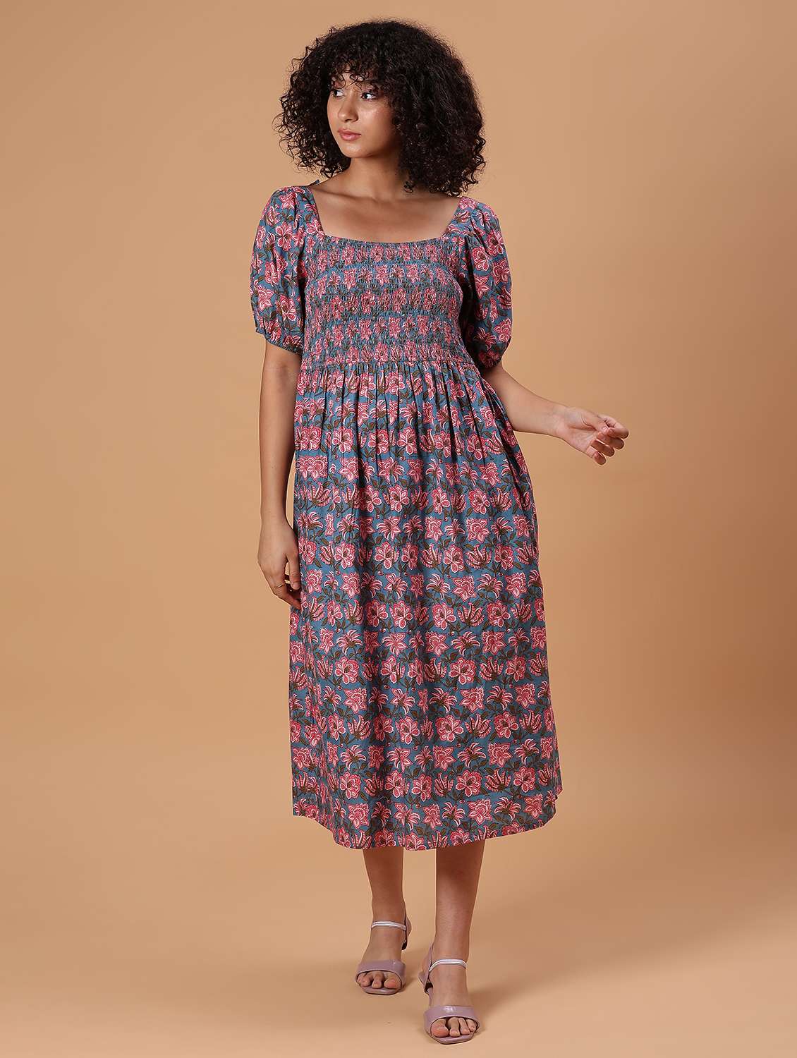 women floral print puff sleeve fit & flare dress