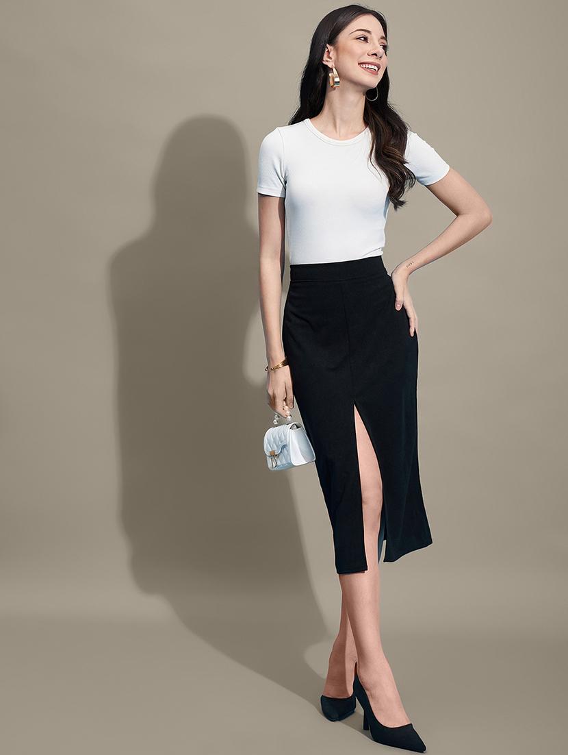 women black solid high slit straight skirt - 21926625 - Standard Image - 4