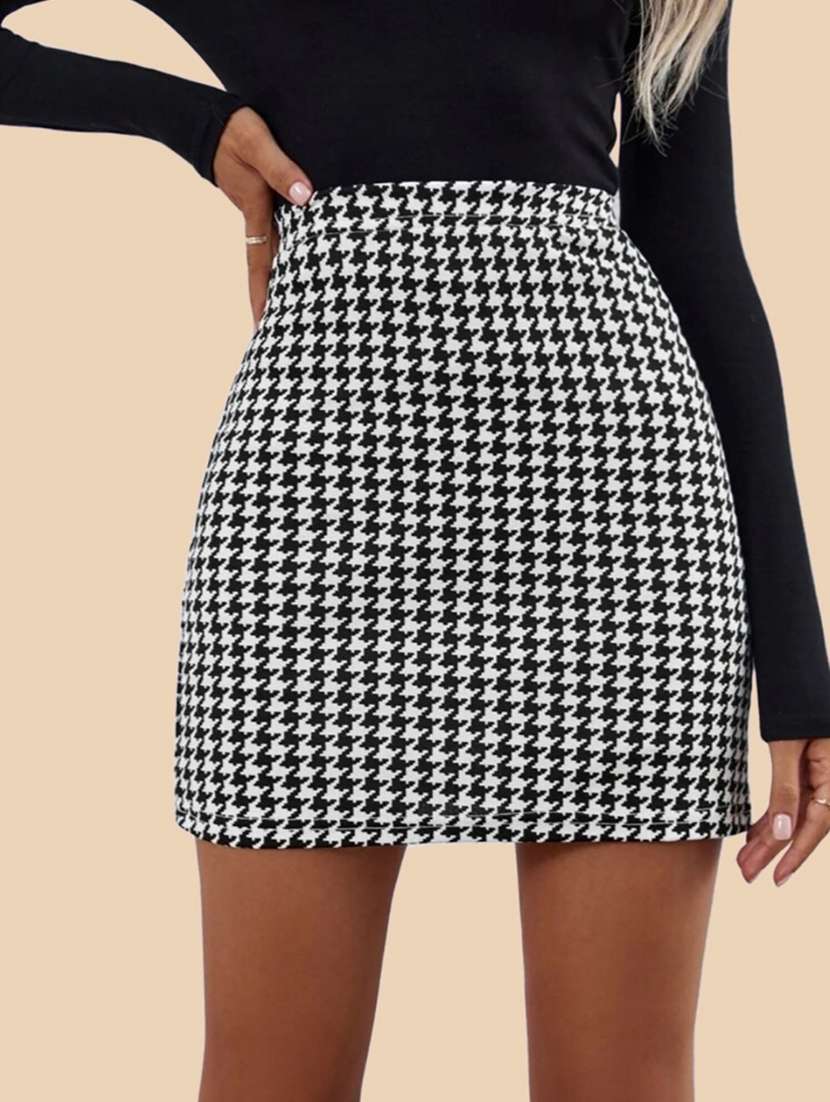 women houndstooth print high rise bodycon skirt - 21926631 -  Zoom Image - 0