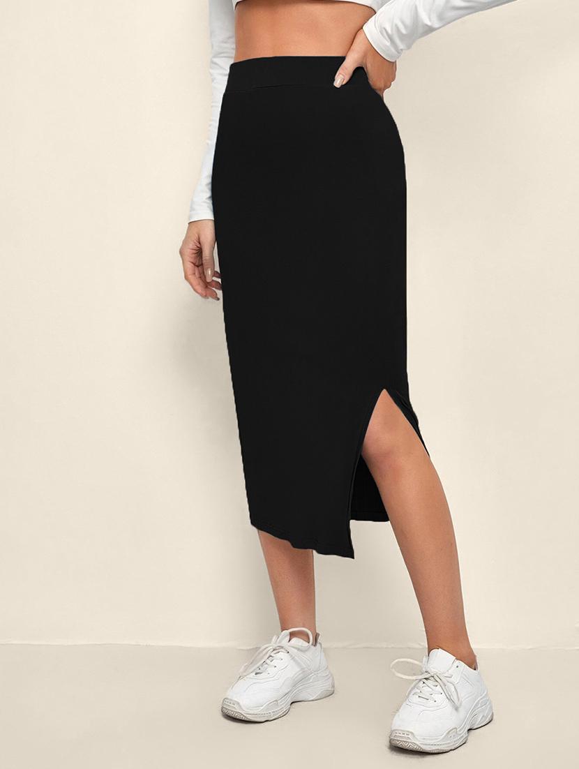 women black solid high rise bodycon skirt - 21926643 - Standard Image - 1