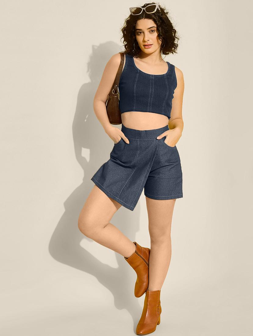 women solid high rise regular fit denim skorts - 21926647 - Standard Image - 4