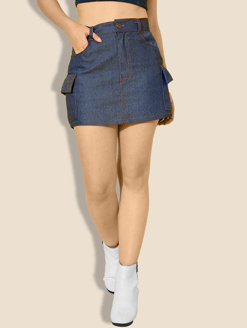 women solid high rise denim cargo skirt - 21926650 -  Standard Image - 1