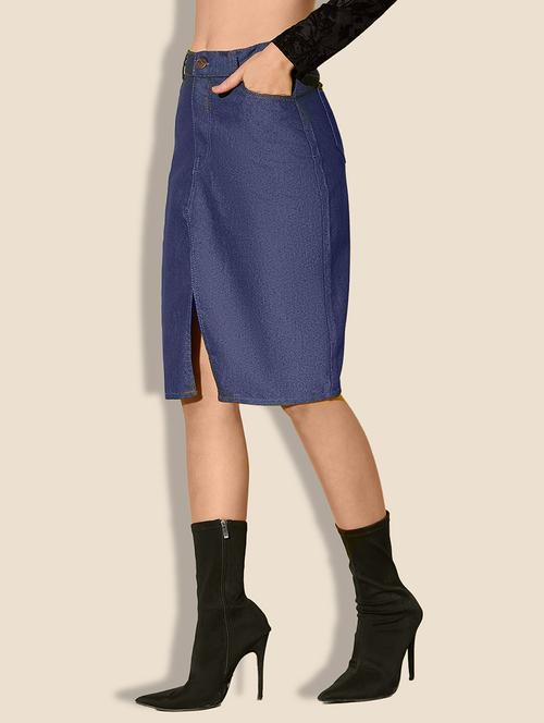 women solid high rise straight denim skirt - 21926654 - Standard Image - 0