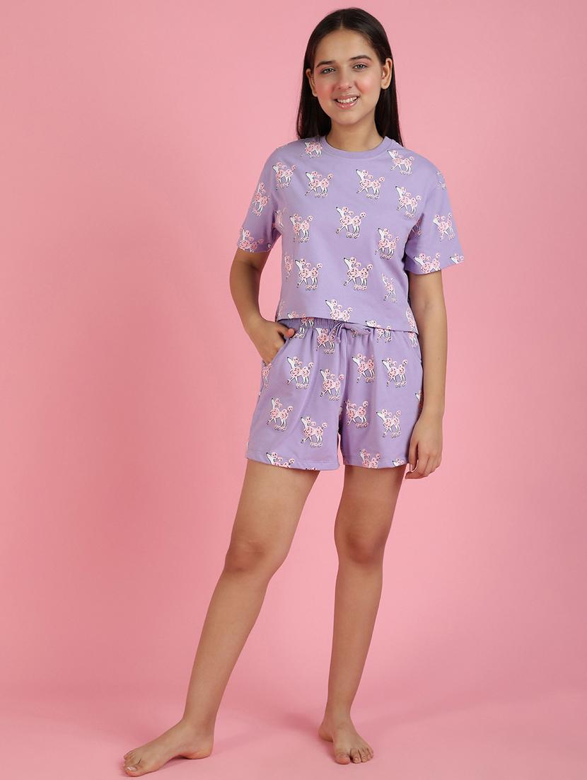 girls printed round neck shorts set nightwear