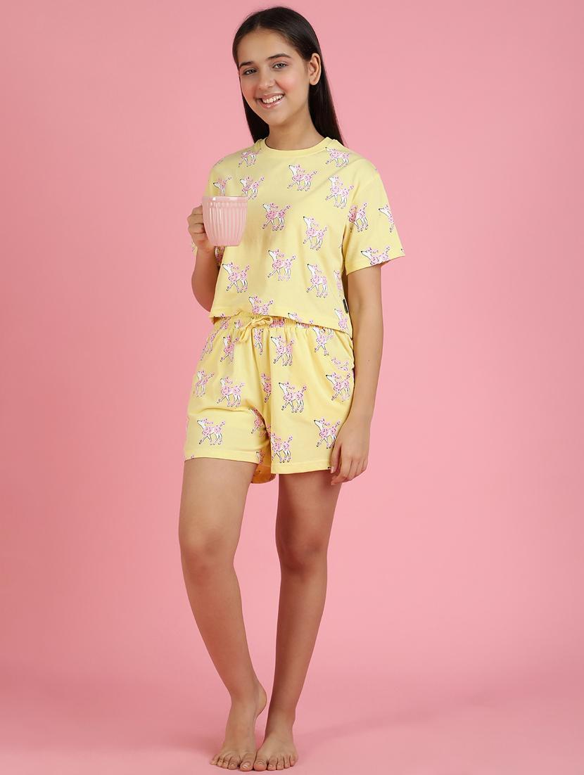 girls printed round neck shorts set nightwear