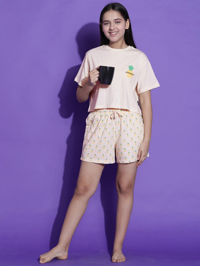 girls printed round neck shorts set nightwear - 21926724 - Standard Image - 1